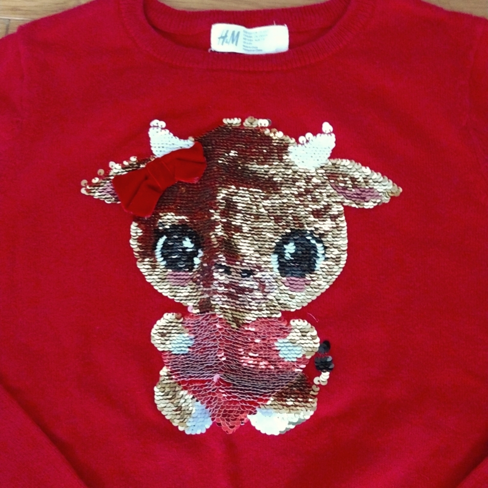 H&m kid sequins knit sweater red cow ox 6-7